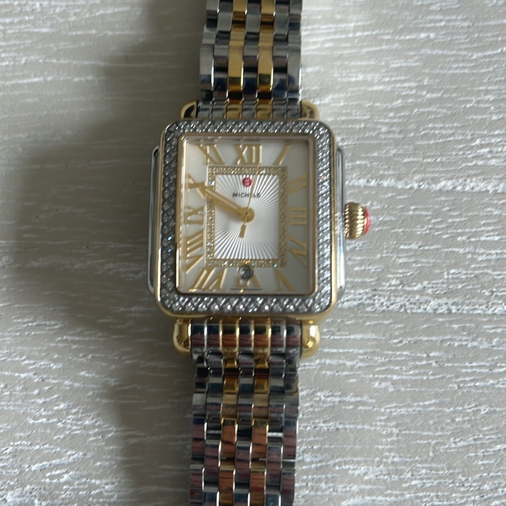 Michele Two-Tone Gold and Silver Diamond Bezel Square Watch with Red Crown - Picture 3 of 10